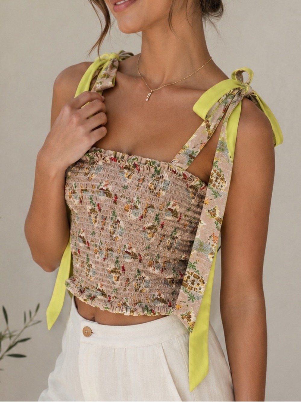 Koch Floral Smocked Tie-Shoulder Crop Top in Lime